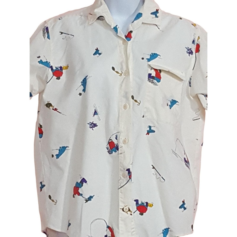 Peddlers Vintage Womens Blouse S Button Up Shirt Fishing Print Short Sleeve USA